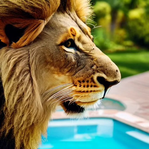 Image similar to a very detailed photo of a lion ( smoking a cigar ) outside the mansion by the pool