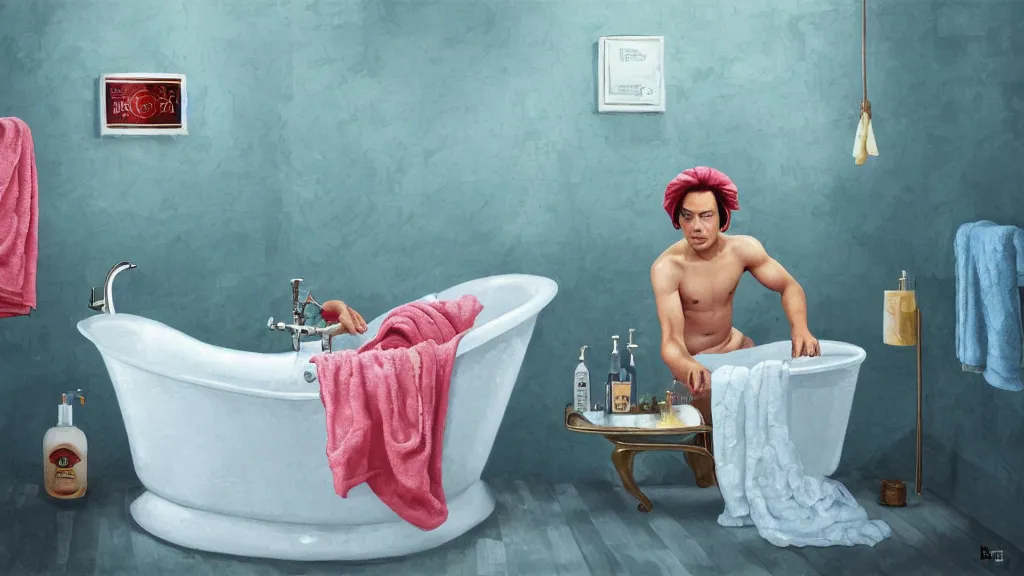 Prompt: Frank Dillane taking a bubble bath in an old-fashioned bathtub, bubbles, bashful, shy, adorable, shower cap, rubber ducky, union jack bath towel, beer bottle, artgerm, disney colors, artstation, epic composition, award winning artwork, trending on artstation, high quality printing, Ilya Kuvshinov