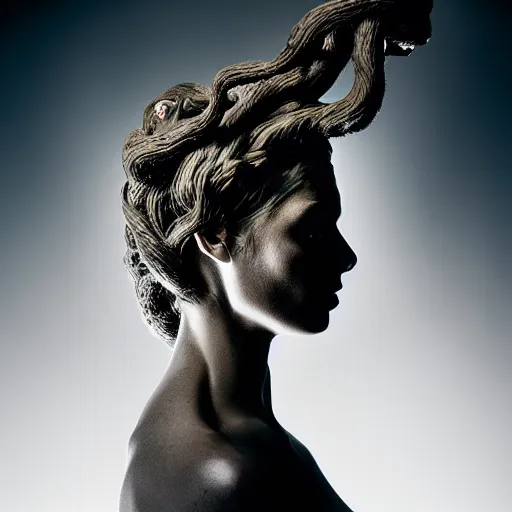 Image similar to portrait of medusa, dark, strobist light, photoreal, volumetric light, 8 5 mm lens, dramatic, epic, cenital light, sharp focus, by annie leibovitz