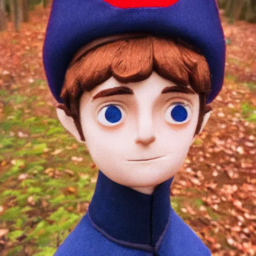 Prompt: super close up portrait of wirt from over the garden wall. a 1 6 years old gloomy awkward boy with big brown eyes and shaggy brown hair wearing a red dunce hat and a blue navy cape, standing in the forest, norman rockwell, bouguereau