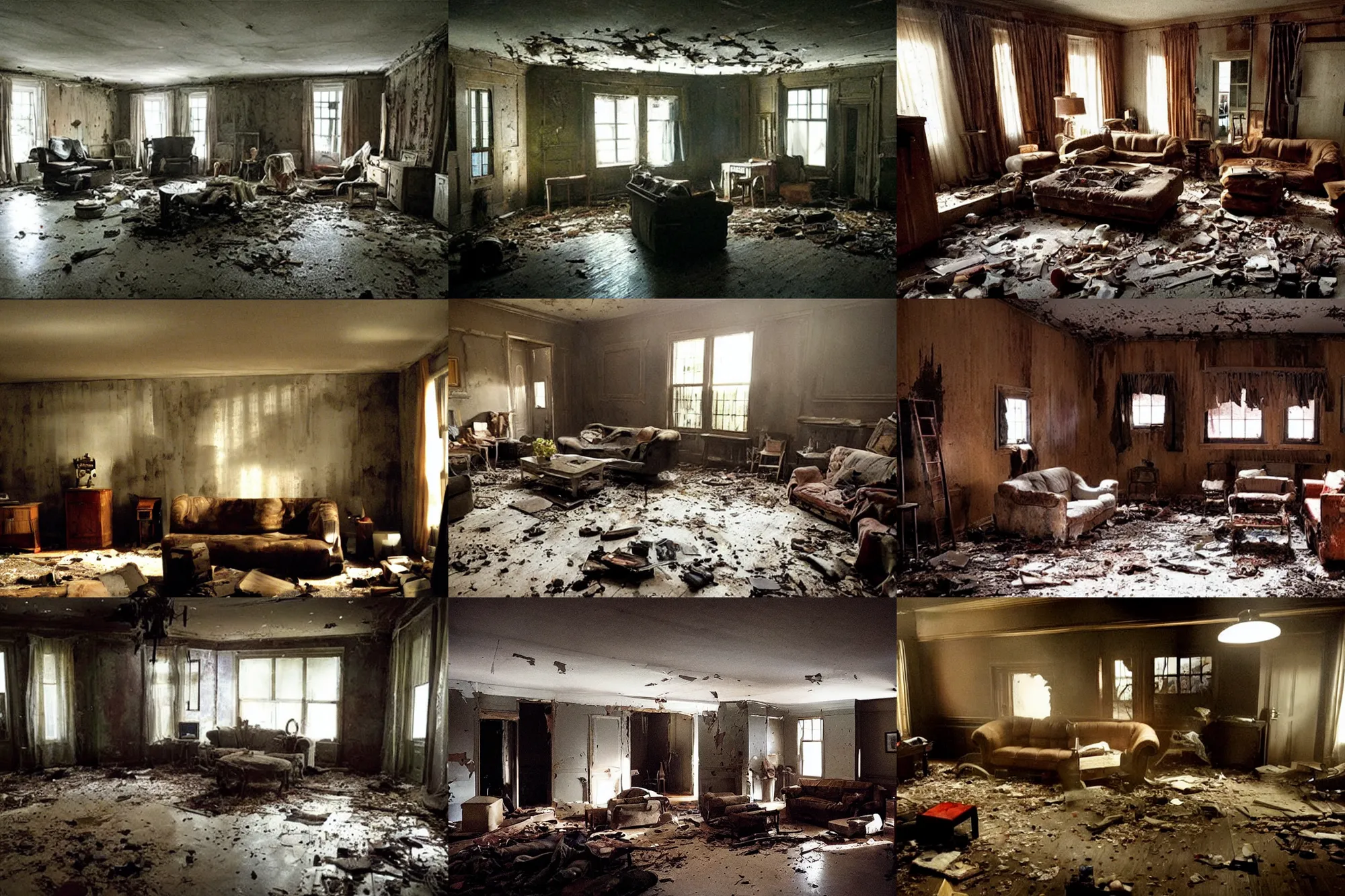 Prompt: night!!!! dilapidated living room of a kentucky house, very dark lighting | highly detailed | very intricate | cinematic lighting | award - winning | low - key lighting, by david fincher, dawn of the dead, walking dead