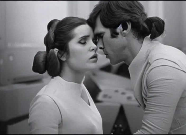 Prompt: screenshot of Han Solo kissing Princess Leia Organa, alone,, iconic scene from 1970s Star Wars film directed by Stanley Kubrick, in a sci fi nursing home architecture, last jedi, 4k HD, cinematic still frame, photoreal, beautiful portraits, moody lighting, stunning cinematography, anamorphic lenses, kodak color film stock