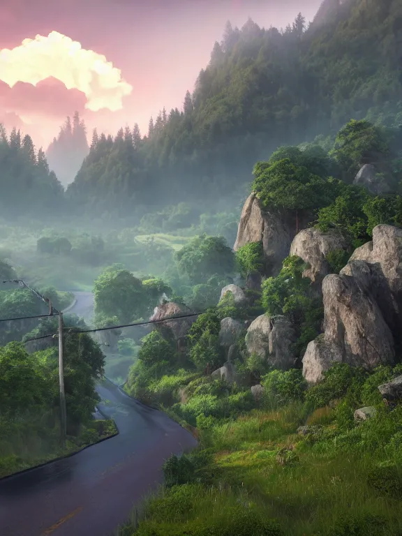 Image similar to photo of 8k ultra realistic beautiful valley, small town, hills, pylons, heavy rain, full of colour, cinematic lighting, battered, trending on artstation, 4k, hyperrealistic, focused, extreme details,unreal engine 5, cinematic, masterpiece, art by studio ghibli