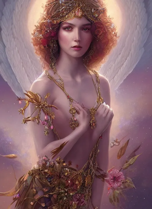 Image similar to A beautiful digital painting of a female angel full of jewels, princess, the moon behind her, intricate, cinematic lighting, highly detailed, digital painting, Artstation, concept art, smooth, sharp focus, illustration, art by Tom Bagshaw, Artgerm and Greg Rutkowski