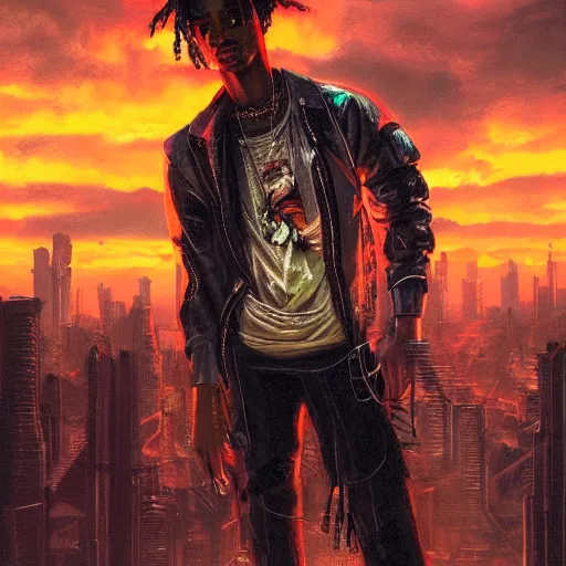 Image similar to cyberpunk, closeup portrait of a playboi carti, dramatic light, city background, sunset, dystopian setting, high contrast, sharp, neuromancer, henry dorsett case, painted by stanley lau, painted by greg rutkowski, painted by stanley artgerm, digital art, trending on artstation