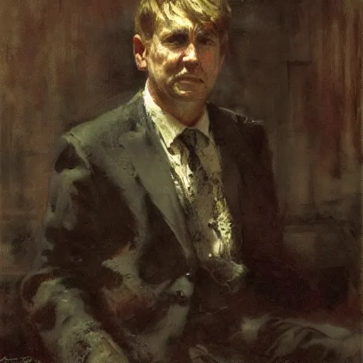 Prompt: portrait of a sad barney rubble, by jeremy mann, anders zorn.