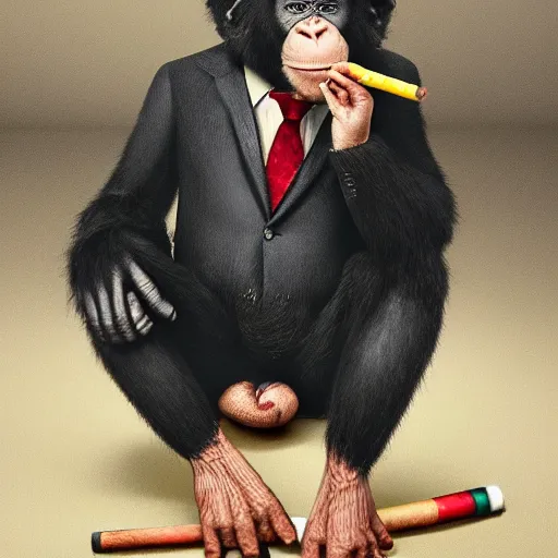 Prompt: a high detail photo of an antropomorphic chimp wearing a suit smoking a cigarrette, subject= chimp, subject detail: wearing a suit, subject action: smoking a cigarrette photorealism