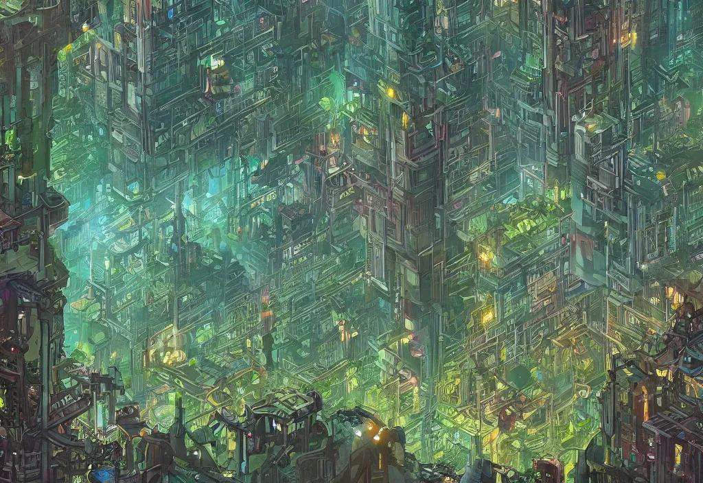 Image similar to biopunk city with a very high tree with leaves that has people connected to it by Dan Mumford, Trending on artstation, 4k