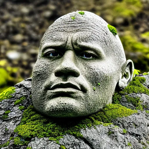 Image similar to a grey mossy rock with the face of dwayne johnson, shot on iphone 1