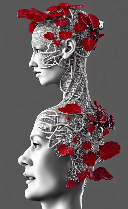 Image similar to complex 3d render ultra detailed of a beautiful porcelain profile woman face, mechanical cyborg, 150 mm, beautiful 3 point lighting, rim light, silver gold red details, luxurious magnolia with leaves and stems, roots, Alexander Mcqueen haute couture, fine foliage lace, mesh wire, filigran intricate details, hyperrealistic, mandelbrot fractal, anatomical, robotic parts, facial muscles, cable electric wires, microchip, elegant, octane render, 8k post-processing