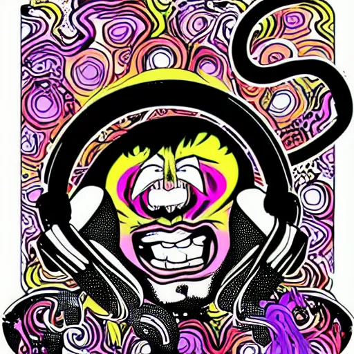 Image similar to artgerm, psychedelic laughing demon, rocking out, headphones dj rave, digital artwork, r. crumb, svg vector