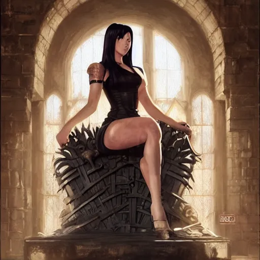 Image similar to a painting of tifa from final fantasy 7, in kings landing from game of thrones, sitting majestic on the iron throne, by greg rutkowski, artgerm, wlop, ruan jia, krenz cushart, alphonse mucha, marble, gold, unreal engine 5