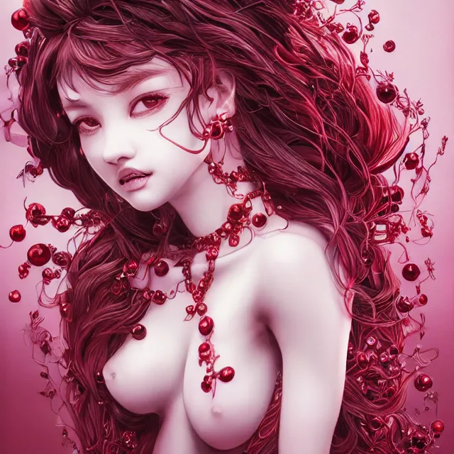 Image similar to an absurdly beautiful, elegant, young hypercolorful sensual gravure idol partially made up of rubies and red gems, ultrafine hyperrealistic detailed face illustration by kim jung gi, irakli nadar, intricate linework, sharp focus, bright colors, matte, octopath traveler, final fantasy, unreal engine highly rendered, global illumination, radiant light, intricate environment