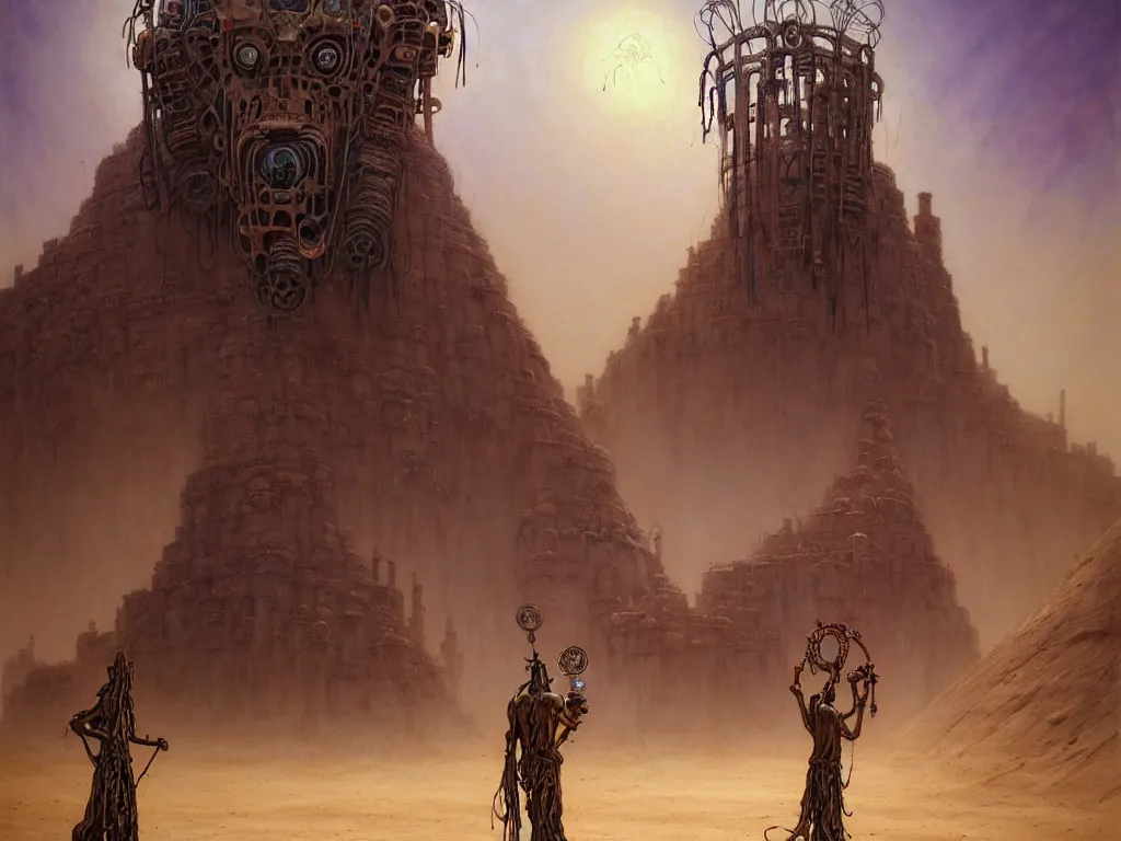 Image similar to A magical male-shaman in shamanistic robes performs a ritual to resurrect a mechanical horse inside a huge steel ancient ruins covered of dunes of sand. Art by Finnian MacManus, Zdzisław Beksiński, Simon Stalenhag, Arthur Rackham. Masterpiece, fantasy art, cinematic, hyperdetailed, sigils, photorealistic, cyberpunk, postapocalyptic, steampunk, hyperrealism, octane render, 8k