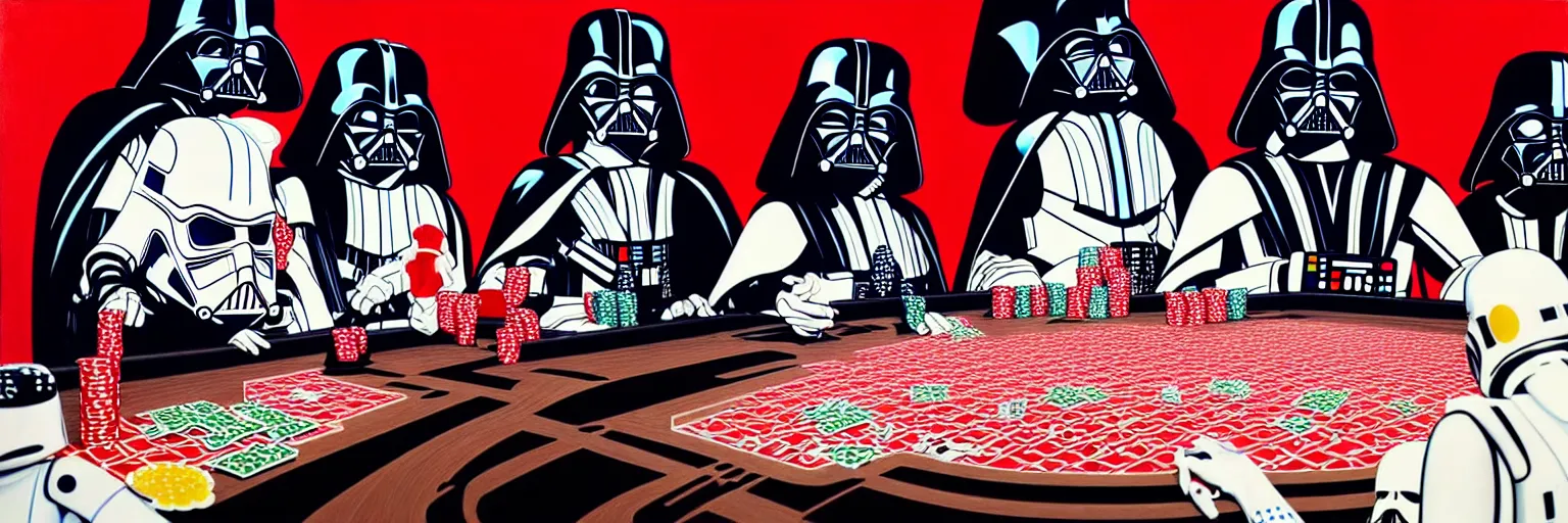 Image similar to hyperrealism composition of the detailed woman in a japanese kimono sitting at an extremely detailed poker table with darth vader and stormtrooper, fireworks on the background, pop - art style, jacky tsai style, andy warhol style, acrylic on canvas