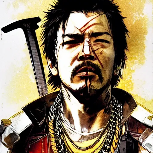 Prompt: portrait of a hero holding his sword in front of his face by yoji shinkawa, high quality, extra details, realism, ornate, colored, golden chain, blood, white skin, short hair, brown eyes, vivid, sunlight, dynamic, american man, freedom, soldier