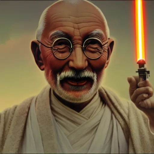 Image similar to a photorealistic portrait of ghandi as a jedi in star wars cinematic lighting, photorealistic, octane render, 8 k, depth of field, 3 d, art by artgerm and greg rutkowski and alphonse mucha and uang guangjian and gil elvgren and sachin ten