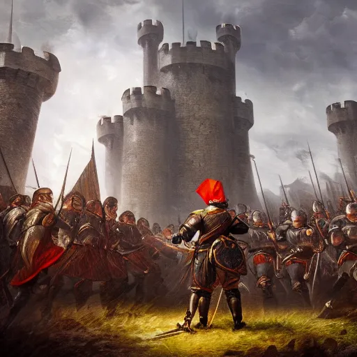 Prompt: A captain commanding his knights to charge through the gates of a castle, war, dark atmosphere, insane detail, medieval fantasy, upscaled, 8k resolution, masterpiece, award winning