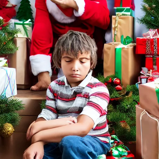 Image similar to a kid at christmas disappointed and sad looking a giant moai statue, his hands buried in his face, sitting down. | inside of a house next to a christmas tree, large opened present box next to the moai