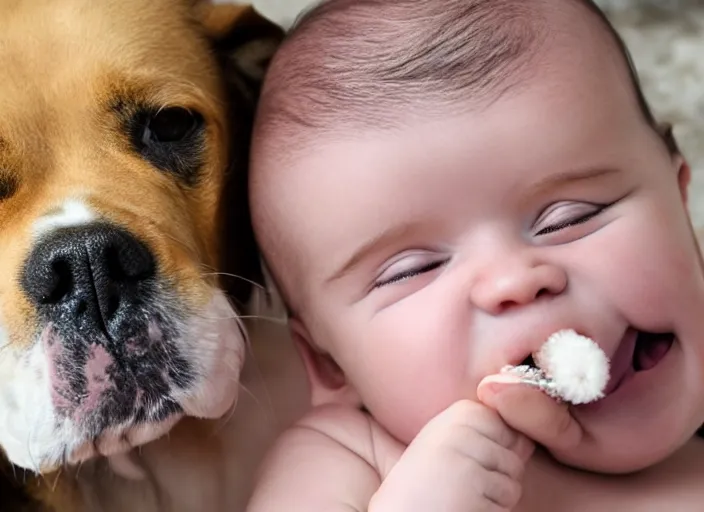 Prompt: dog licking baby's face