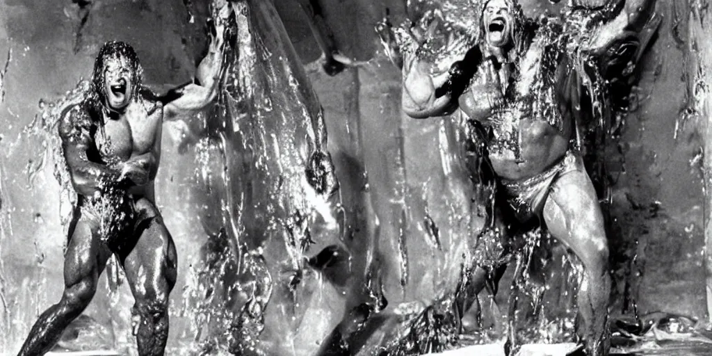 Image similar to 1 9 9 0's wwe publicity photo, a giant muscular man covered in wet reflective slime crawling out of a giant slimy wet cocoon, screaming in agony, inside a secret occult dark evil lab, ultra - detailed, photorealistic