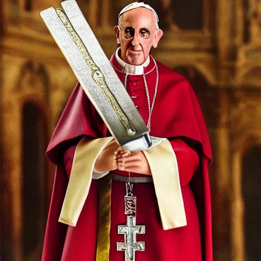 Prompt: action figure of pope francis as a knight. advertising photograph, photographic, hyperreal, 3 5 mm