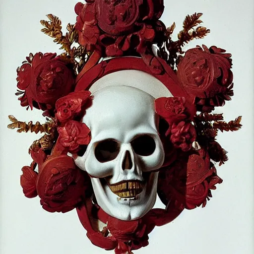 Image similar to a man in the form of a Greek sculpture with a mask in the form of a skull and wreath of flowers skulls in hands dressed in a biomechanical dress, red white and gold color scheme, baroque, by Michelangelo