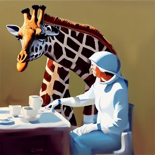 Image similar to a giraffe dressed like an astronaut drinking tea with queen isabel, trending on artstation, art by greg manchess, guangjian, detailed digital art, artstation hd