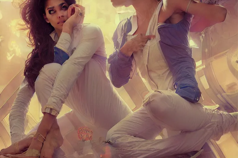 Image similar to Sensual good looking pale young Indian doctors wearing jeans in a space station above Earth, portrait, elegant, intricate, digital painting, artstation, concept art, smooth, sharp focus, illustration, art by artgerm and greg rutkowski and alphonse mucha