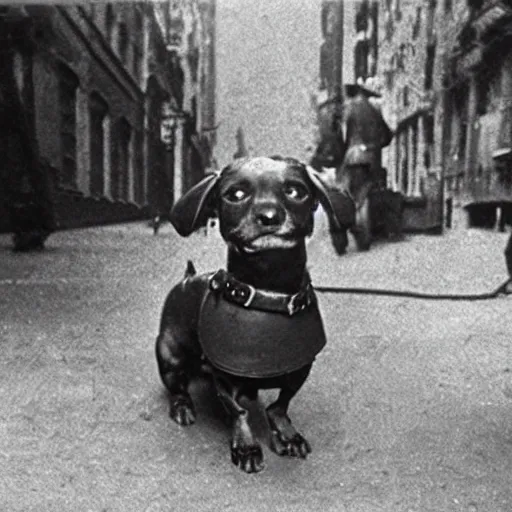 Image similar to a cinematic scene of a steampunk dachsund dog doing a investigation on a crime scene in 1901 new york streets