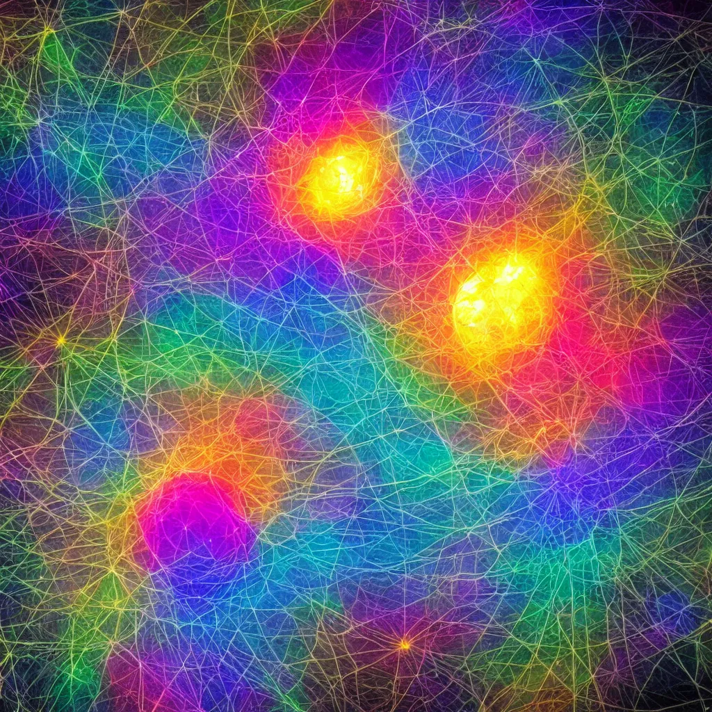 Image similar to what happens inside a proton, Indra's Net by greg rutowski, the pure chaos of the mind as a colorful explosion of consciousness