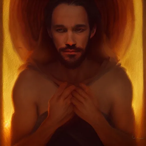 Prompt: Biblical deceiving devil portrait, atmospheric lighting, painted, intricate, volumetric lighting, beautiful, rich deep colours masterpiece, golden hour, sharp focus, ultra detailed, by Leesha Hannigan, Ross Tran, Thierry Doizon, Kai Carpenter, Ignacio Fernández Ríos