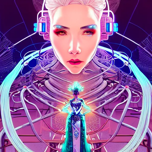 Prompt: high quality, high detailed portrait of a snow queen cyberpunk character in a futuristic world, tristan eaton, victo ngai, artgerm, rhads, ross draws, hyperrealism, intricate detailed, cables, wires, connectors, led. alphonse mucha, pastel colors, vintage, artstation, vector. 8 k