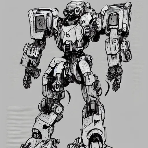 Image similar to sci - fi mecha cute zombie character concept design ， trending on artstation ， intricate ink drawing, highly detailed in the style of ashley wood, moebius and tsutomu nihei, - h 8 9 6