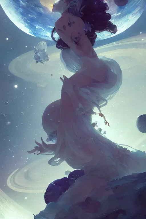 Image similar to A beautiful whimsical woman basking in the moonlight on a bed of crystals below planets, cinematic lighting, dramatic atmosphere, by Dustin Nguyen, Akihiko Yoshida, Greg Tocchini, Greg Rutkowski, Cliff Chiang, 4k resolution, trending on artstation