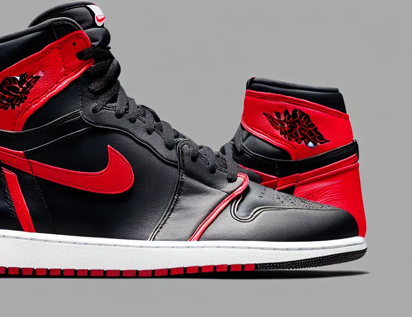 Image similar to a press photograph of nike jordan 1 black red and white