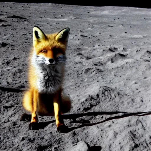 Prompt: fox on lunar surface, stood next to cheese