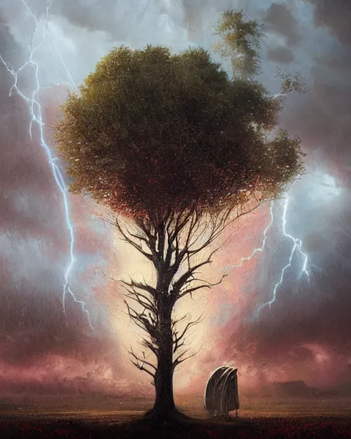 Image similar to a highly detailed epic cinematic concept art CG render digital painting artwork: Lone tree in lightning storm. By Greg Rutkowski, in the style of Francis Bacon and Syd Mead and Norman Rockwell and Beksinski, open ceiling, highly detailed, painted by Francis Bacon and Edward Hopper, painted by James Gilleard, surrealism, airbrush, Ilya Kuvshinov, WLOP, Stanley Artgerm, very coherent, triadic color scheme, art by Takato Yamamoto and James Jean