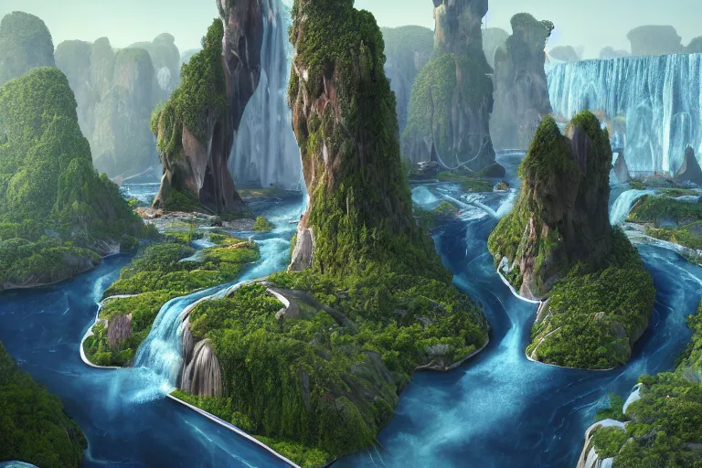 Prompt: first person perspective establishing shot of a shining palace surrounded by rivers, waterfalls, and gemstone cliffs by beeple and Roger Dean:1|fantasy, horizontal symmetry, cinematic, architectural design by Zaha Hadid:0.9|Unreal Engine, Octane, finalRender, devfiantArt, artstation, artstation HQ, behance, HD, 16k resolution:0.8