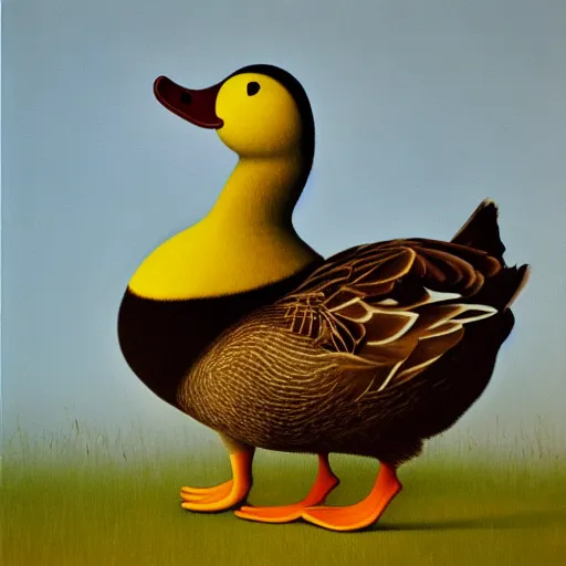 Prompt: a duck on the prowl oil painting robert gober