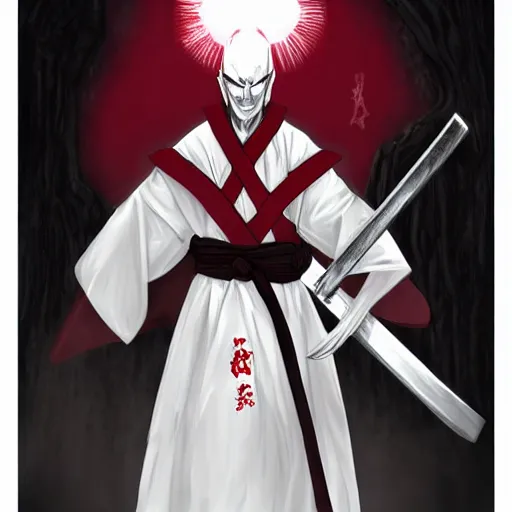 Image similar to samarai cloaked in white with swords, standing in light beam of a dark cave, ruby red sorrow, high quality, ultra detail