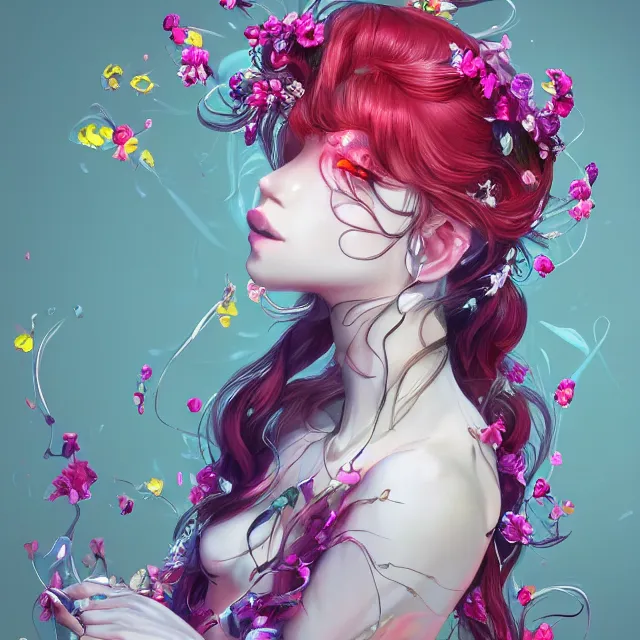 Prompt: studio portrait absurdly beautiful, elegant, graceful, young hypercolorful sensual anime teen rubies red petals gems, ultrafine hyperrealistic detailed face illustration by kim jung gi, irakli nadar, intricate linework, sharp focus, bright colors, matte, octopath traveler, final fantasy, unreal engine highly rendered, global illumination, radiant light, intricate rainbow environment