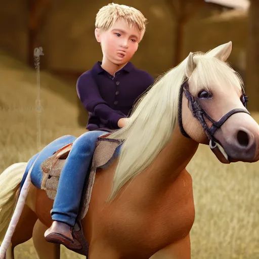 Image similar to a detailed portrait of boy with blonde hair riding a horse, unreal engine 5 rendered, incredibly highly detailed and realistic, 8 k, sharp focus, studio quality