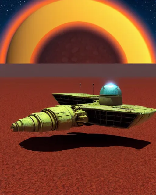 Image similar to a rusty starship in the desert in the style of chris foss and rodger dean