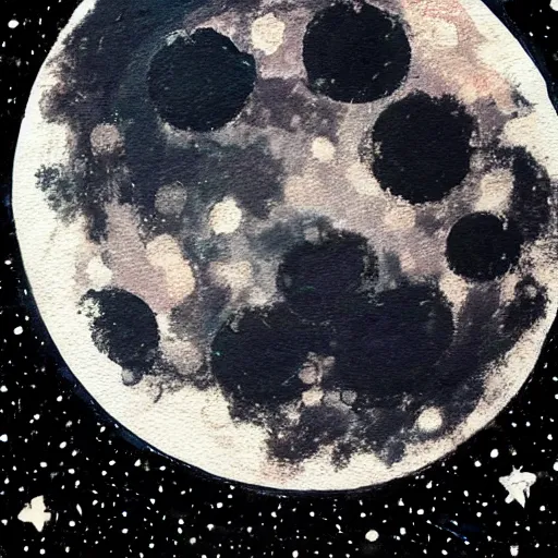 Image similar to a painting of the close up bright detailed moon surrounded by black sky and small speckled stars photo realistic light and detail