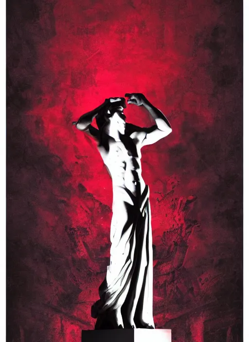 Image similar to elegant dark design poster showing a greco roman statue, black background with very subtle red and purple design elements, powerful, nekro, vito acconci, thin straight lines, dark, glitch art, neo vaporwave, gritty, layout frame, square, extremly detailed, trending on artstation