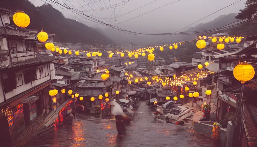 Prompt: a Wes Anderson 35mm film still of a very surreal magic small mountain town, like Jiufen and Kyoto, golden hour, falling cherry blossom pedals, in the style of Gucci, James Jean color palette, glowing warm lights and floating lanterns, foggy atmosphere, rainy, moody, muted colors, magic details, high detail, high resolution, 8k, cinematic look, octane render, psychedelic,