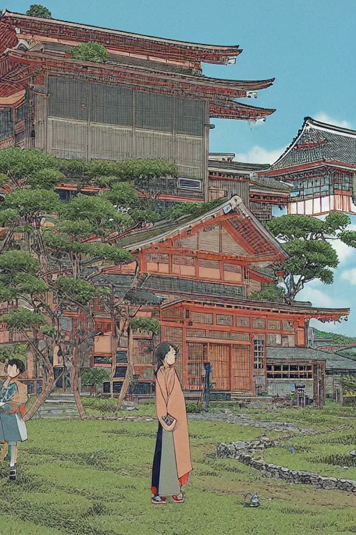 Image similar to beautiful anime illustration of a rural japanese home, by moebius, masamune shirow and katsuhiro otomo