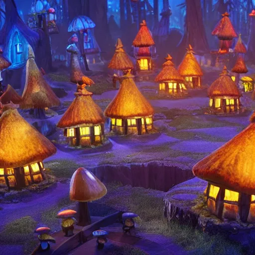 Image similar to A village of mushroom houses with chimneys, glowing windows on the floor of the enchanted forest. night scene, movie still from the Box Trolls, medium shot, might cinematic lighting, sharp, high detail