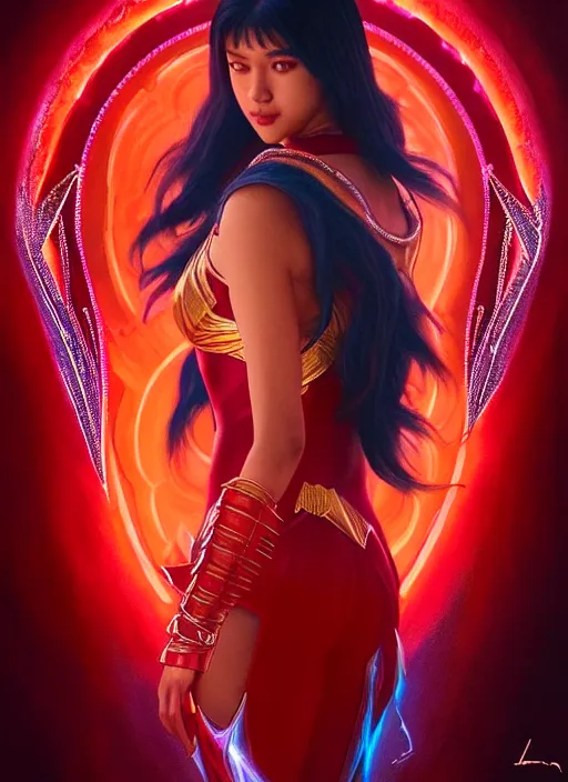 Prompt: liza soberano as darna, wax figure, glowing eyes, volumetric lights, red and cyan theme, art nouveau botanicals, intricate, highly detailed, digital painting, artstation, concept art, smooth, sharp focus, cinematic, illustration, beautiful face, art by artgerm and greg rutkowski and alphonse mucha